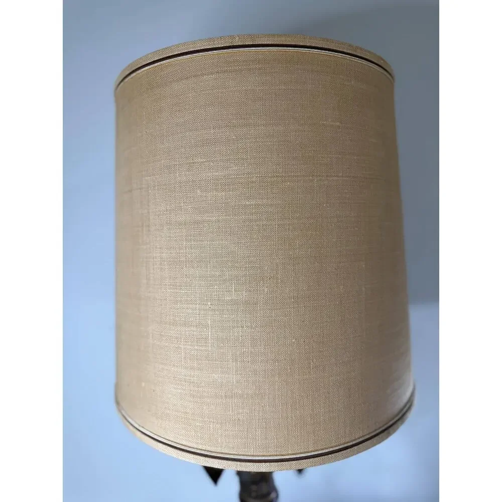 Vintage Wood Brass Table Lamp Eagle Finial Federal Style Americana Burlap Shade